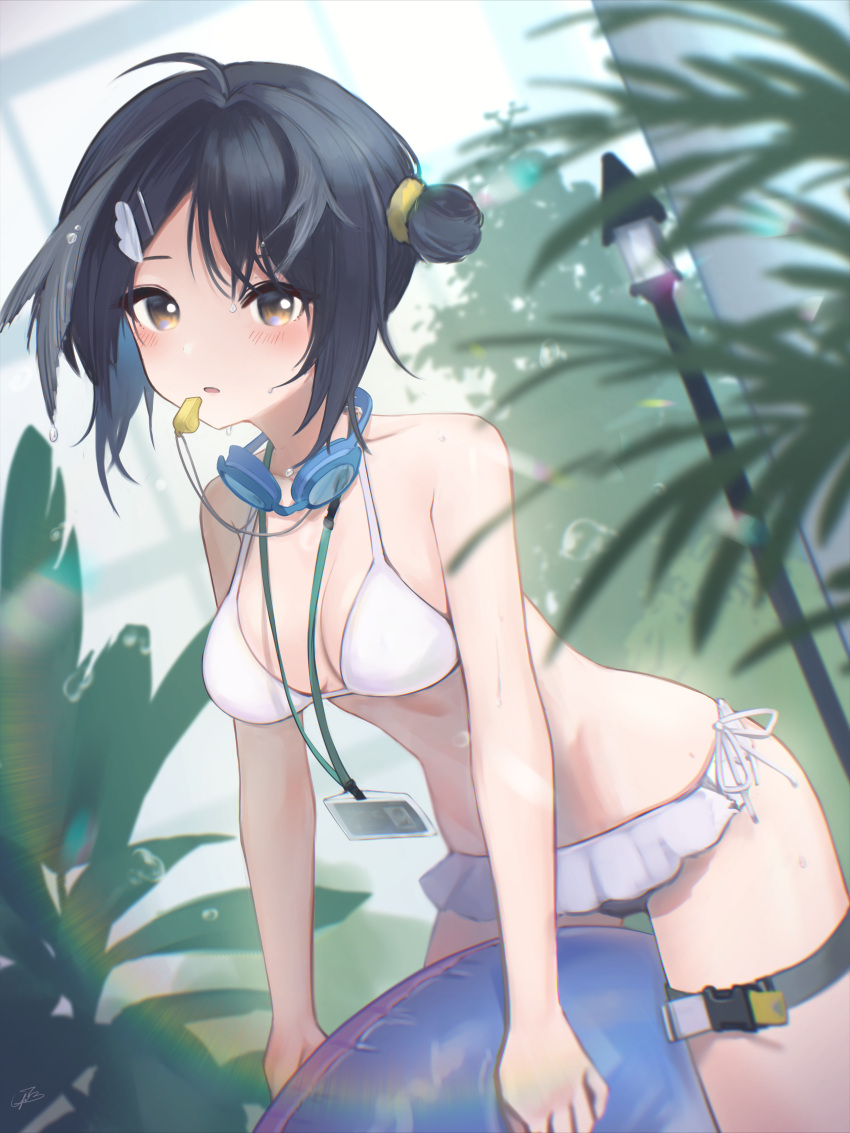 1girl absurdres ahoge arknights bangs bare_arms bare_shoulders bikini blush breasts brown_eyes cleavage collarbone frilled_bikini frills goggles goggles_around_neck hair_bun hair_ornament hairclip highres holding holding_innertube id_card indoors innertube la_pluma_(arknights) la_pluma_(summer_flowers)_(arknights) lamp leaning_forward looking_at_viewer official_alternate_costume parted_lips photoshop_(medium) plant short_hair single_hair_bun single_side_bun solo standing swimsuit thigh_strap white_bikini wing_hair_ornament yunnasu