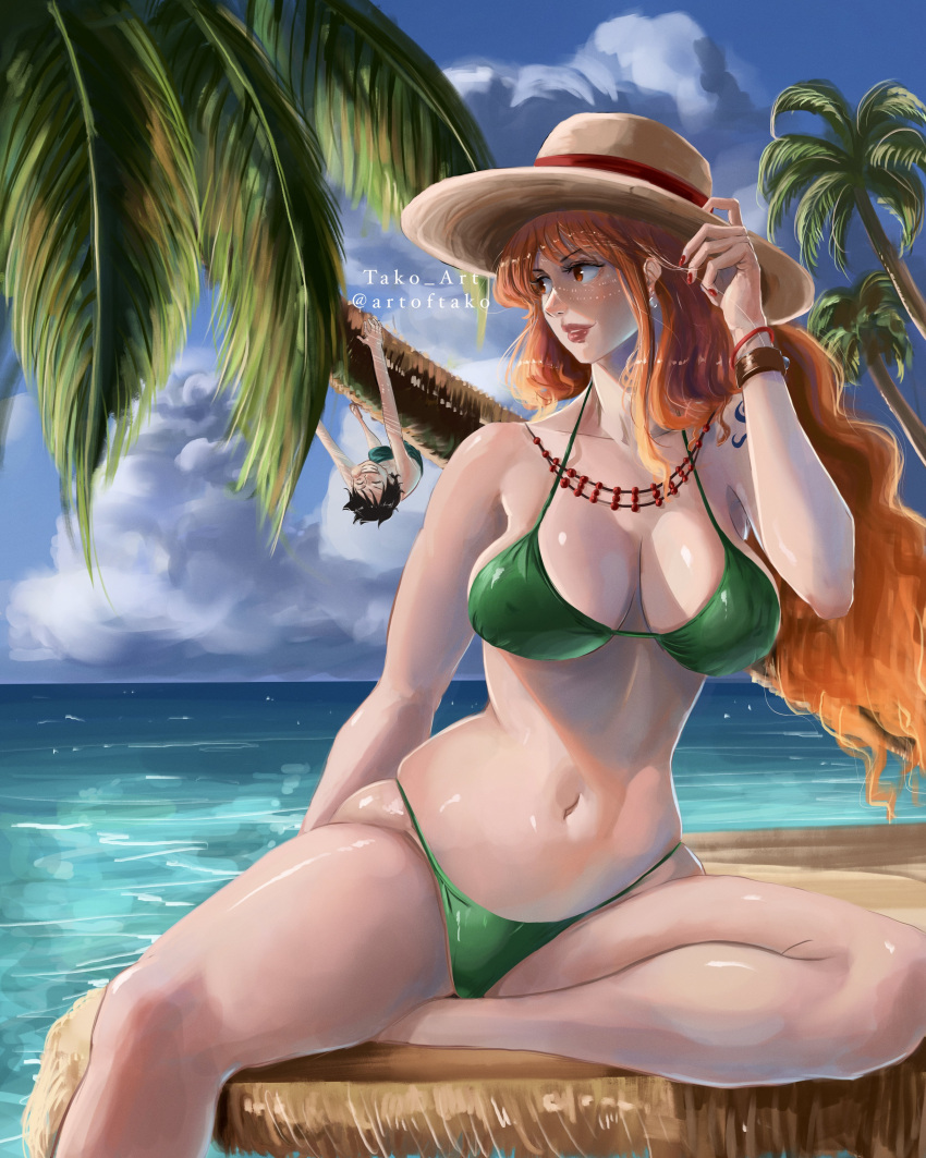 1boy 1girl absurdres bangle bare_legs bikini black_hair bracelet breasts brown_eyes cleavage commentary earrings foot_out_of_frame green_bikini grin halterneck hand_on_headwear hat highres horizon jewelry large_breasts legs lips log_pose long_hair looking_to_the_side monkey_d._luffy nail_polish nami_(one_piece) navel necklace ocean one_piece orange_hair outdoors palm_tree parted_lips pearl_earrings red_nails scar scar_on_cheek scar_on_face short_hair shoulder_tattoo single_sidelock sitting skindentation smile stomach straw_hat stupidtako summer swimsuit tattoo thighs tree twitter_username wavy_hair