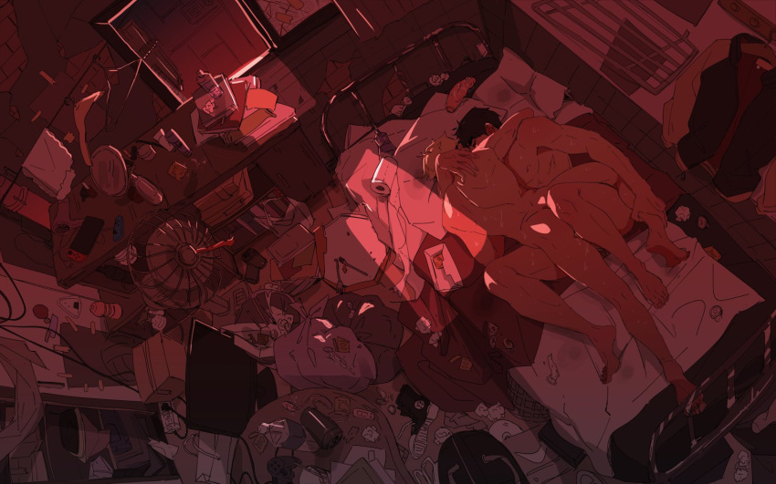 2boys after_sex ass bed black_hair blonde_hair completely_nude haikyuu!! highres indoors jtdbyhra2022 lying lying_on_person male_focus miya_atsumu multiple_boys muscular muscular_male nintendo_switch nipples nude on_back on_bed sakusa_kiyoomi short_hair yaoi