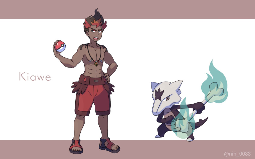 1boy alolan_marowak bangs banned_artist character_name commentary_request dark-skinned_male dark_skin full_body hand_on_hip holding holding_poke_ball jewelry kiawe_(pokemon) male_focus necklace nin_(female) open_mouth poke_ball poke_ball_(basic) pokemon pokemon_(creature) pokemon_(game) pokemon_sm short_hair shorts standing teeth tongue topless_male upper_teeth