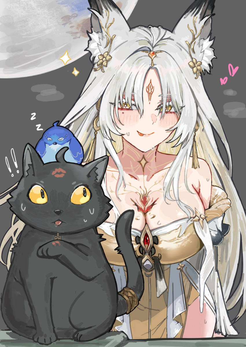 1girl :p animal_ear_fluff animal_ears animalization atiarta7 bare_shoulders black_cat blush breasts cat cleavage colored_eyelashes commentary dress english_commentary forehead_tattoo fox_ears fox_girl gold_dress hair_ornament highres hsin_(wuthering_waves) large_breasts lipstick_mark long_hair looking_at_animal male_rover_(wuthering_waves) rover_(wuthering_waves) smile solo sweat tattoo tongue tongue_out white_eyelashes white_hair wuthering_waves yangyang_(wuthering_waves) yangyang_(xuanling)_(wuthering_waves) yellow_eyes