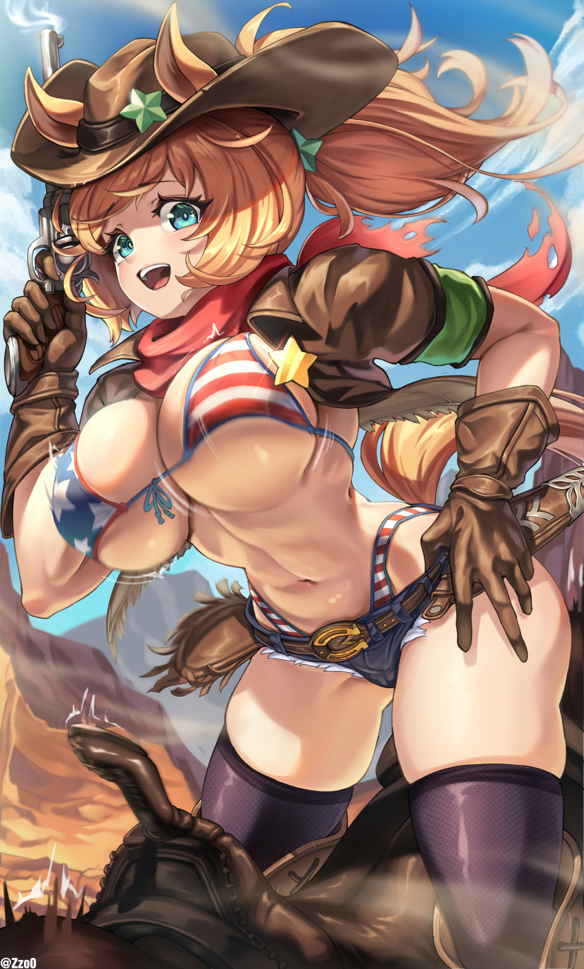 1girl :d absurdres american_flag_bikini animal_ears aqua_eyes bangs bikini black_thighhighs blue_sky breasts brown_gloves brown_hair cleavage cloud commentary day finger_on_trigger flag_print front-tie_bikini_top front-tie_top gloves groin gun highres holding holding_weapon horse_ears horse_girl horse_tail large_breasts looking_at_viewer navel open_mouth outdoors revolver short_shorts shorts sidelocks skindentation sky smile smoke smoking_gun solo_focus standing stomach swimsuit taiki_shuttle_(umamusume) tail teeth thighhighs umamusume underboob upper_teeth weapon zzo0