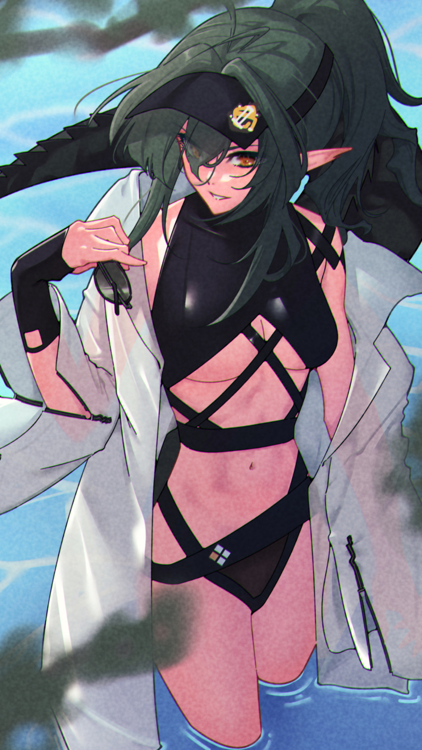 1girl :d absurdres arknights bare_shoulders black_headwear black_one-piece_swimsuit breasts casual_one-piece_swimsuit cleavage coat day eyes_visible_through_hair eyewear_removed gavial_(arknights) green_hair hair_over_one_eye highres holding holding_eyewear kimo_suna long_hair long_sleeves looking_at_viewer navel off_shoulder one-piece_swimsuit open_clothes open_coat orange_eyes outdoors parted_lips photoshop_(medium) pointy_ears ponytail smile solo sunglasses swimsuit very_long_hair visor_cap wading water white_coat wide_sleeves