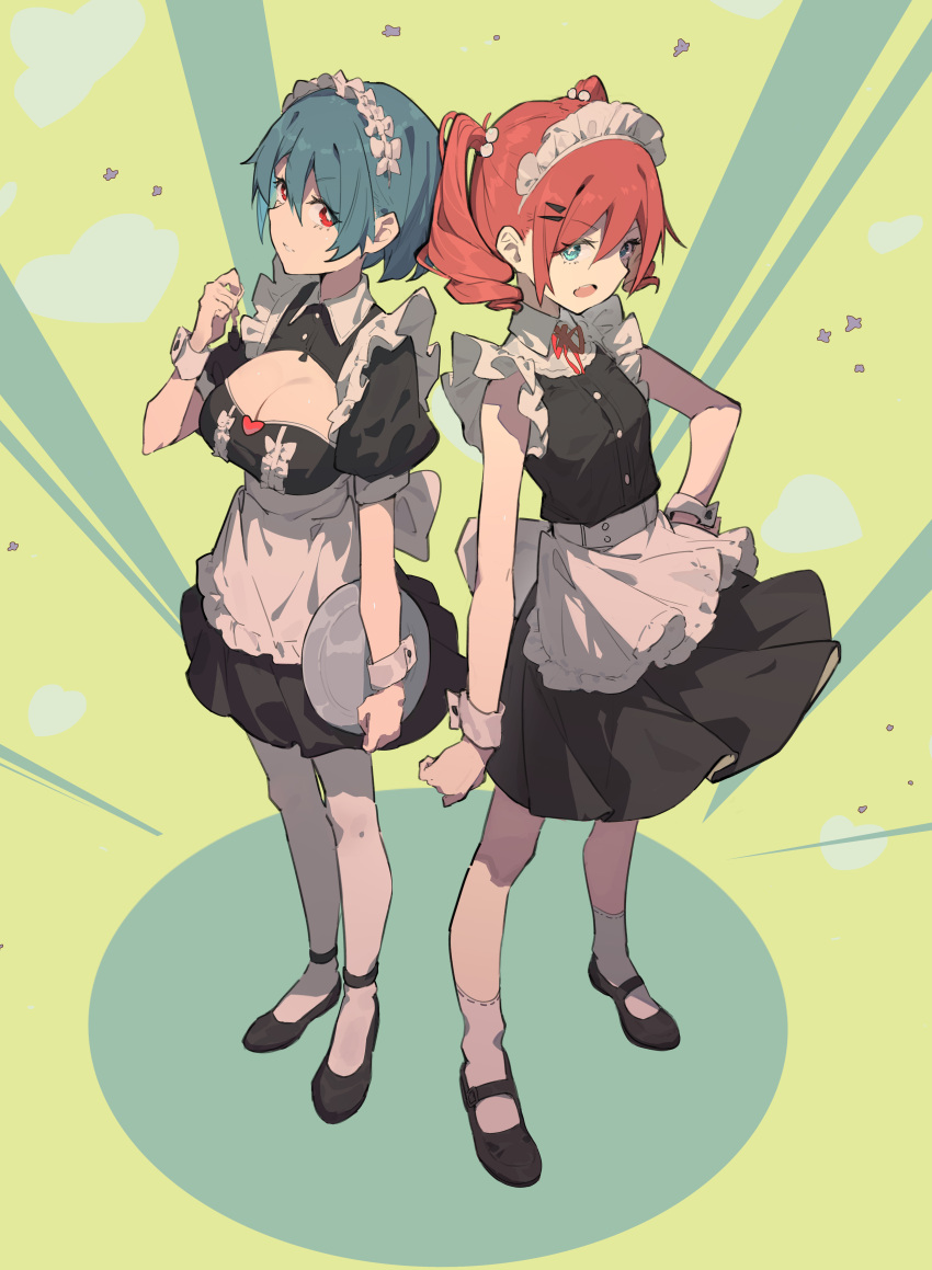 2girls absurdres apron back-to-back black_footwear black_skirt blue_eyes breasts cleavage_cutout clothing_cutout drill_hair frilled_sleeves frills full_body green_background green_hair highres holding holding_plate large_breasts maid maid_apron maid_headdress mary_janes medium_breasts medium_hair mmj multiple_girls open_mouth original pantyhose parted_lips plate puffy_short_sleeves puffy_sleeves red_eyes red_hair red_ribbon ribbon shoes short_hair short_sleeves skirt sleeveless socks standing twin_drills twintails white_pantyhose white_socks wrist_cuffs