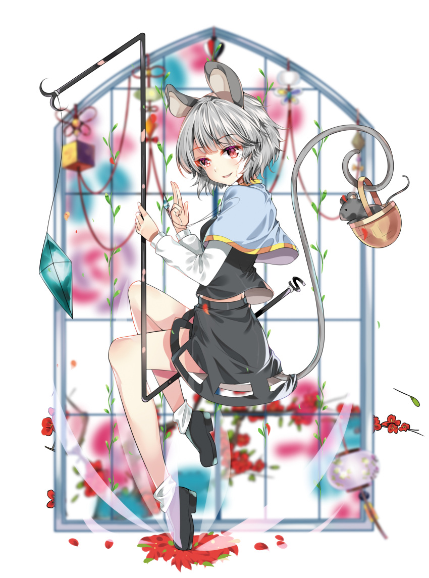 1girl absurdres animal_ears basket blue_capelet blurry blurry_background capelet chinese_commentary commentary_request dowsing_rod falling_petals flower from_side full_body grey_footwear grey_hair grey_skirt grey_vest hands_up hate_ani_hikae highres holding holding_basket holding_with_tail jewelry long_sleeves looking_at_viewer looking_to_the_side mouse mouse_ears mouse_girl mouse_tail nazrin parted_lips pendant petals prehensile_tail red_eyes red_flower shirt shoes short_hair skirt smile socks solo tail touhou vest white_shirt white_socks wind_chime window