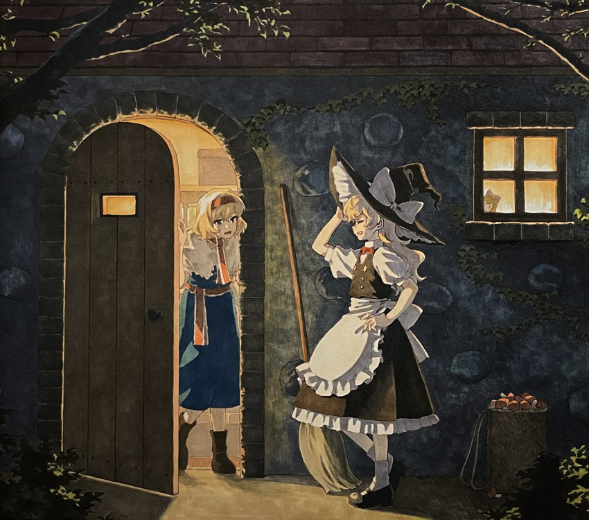 2girls alice_margatroid apron arch arm_up bag bangs black_footwear black_vest blonde_hair blue_dress boots bow bowtie branch brick_wall broom building bush buttons check_commentary closed_eyes commentary_request dress frilled_apron frills hairband hand_on_headwear hand_up hat hat_bow highres house ivy kirisame_marisa long_hair mary_janes multiple_girls mushroom neck_ribbon open_door open_mouth peeking_out profile puffy_short_sleeves puffy_sleeves red_bow red_bowtie red_hairband red_ribbon red_sash ribbon sash shanghai_doll shiratama_(hockey) shoes short_hair short_sleeves standing touhou vest waist_apron white_apron wicker_basket window witch_hat