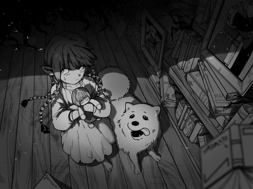 1girl aged_down arthropod_limbs barefoot book braid death_(entity) dog doll dress dungeon_meshi elf falin_thorden greyscale highres laios_thorden looking_up marcille monochrome nightmare pointy_ears portrait_(object) sweatdrop tentacles tongue tongue_out user_uvrf8387 white_dress wooden_floor