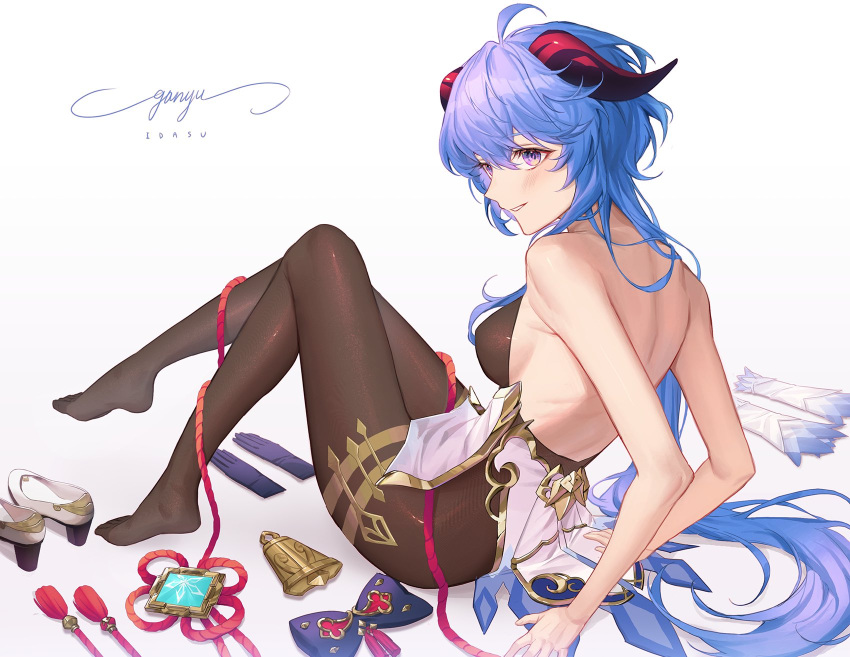 1girl arm_support artist_name back backless_outfit bare_arms bare_back bare_shoulders bell blue_hair blush bow_removed breasts brown_bodysuit brown_pantyhose character_name cowbell foot_up full_body ganyu_(genshin_impact) genshin_impact gloves gloves_removed goat_horns gold_trim highres horns hyun9164 knees_up leaning_back long_hair looking_at_viewer low_ponytail medium_breasts pantyhose parted_lips purple_eyes shoes shoes_removed simple_background sitting sleeves_removed smile solo vision_(genshin_impact) white_background