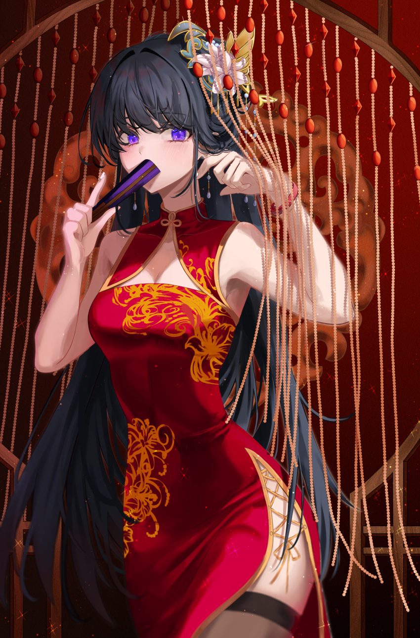 1girl absurdres armpits bare_arms bare_shoulders bead_curtain black_hair blush breasts brown_thighhighs china_dress chinese_clothes cleavage cleavage_cutout clothing_cutout covered_mouth cowboy_shot cross-laced_clothes dress epiphyllum floral_print flower folding_fan gold_trim hair_flower hair_ornament hand_fan highres holding holding_fan indoors long_hair looking_at_viewer medium_breasts original purple_eyes red_dress ron_me_s2 side_slit sleeveless sleeveless_dress solo standing thighhighs