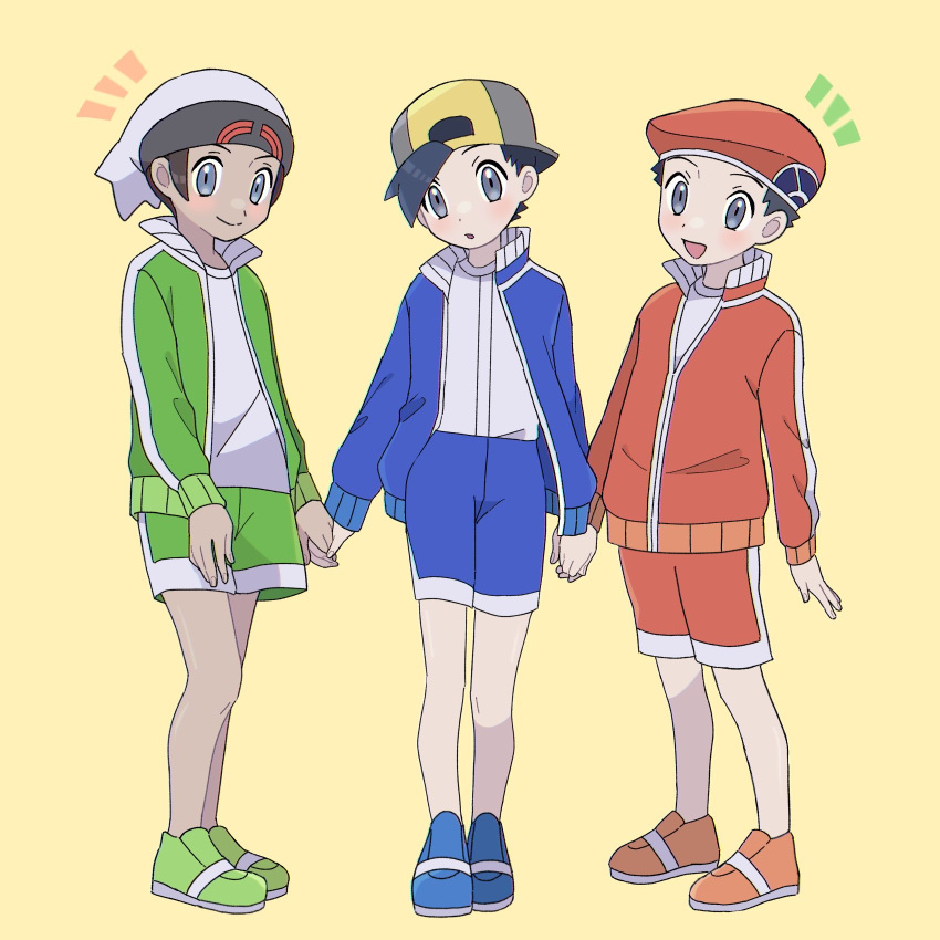 3boys alternate_costume backwards_hat black_hair blue_footwear blue_jacket blue_shorts blush brendan_(pokemon) brown_hair closed_mouth commentary_request ethan_(pokemon) green_footwear green_jacket green_shorts grey_eyes hat highres holding_hands jacket long_sleeves lucas_(pokemon) male_focus multiple_boys notice_lines pokemon pokemon_(game) pokemon_dppt pokemon_hgss pokemon_oras red_headwear sana_(37pisana) shirt shoes short_hair shorts smile standing white_shirt yellow_background