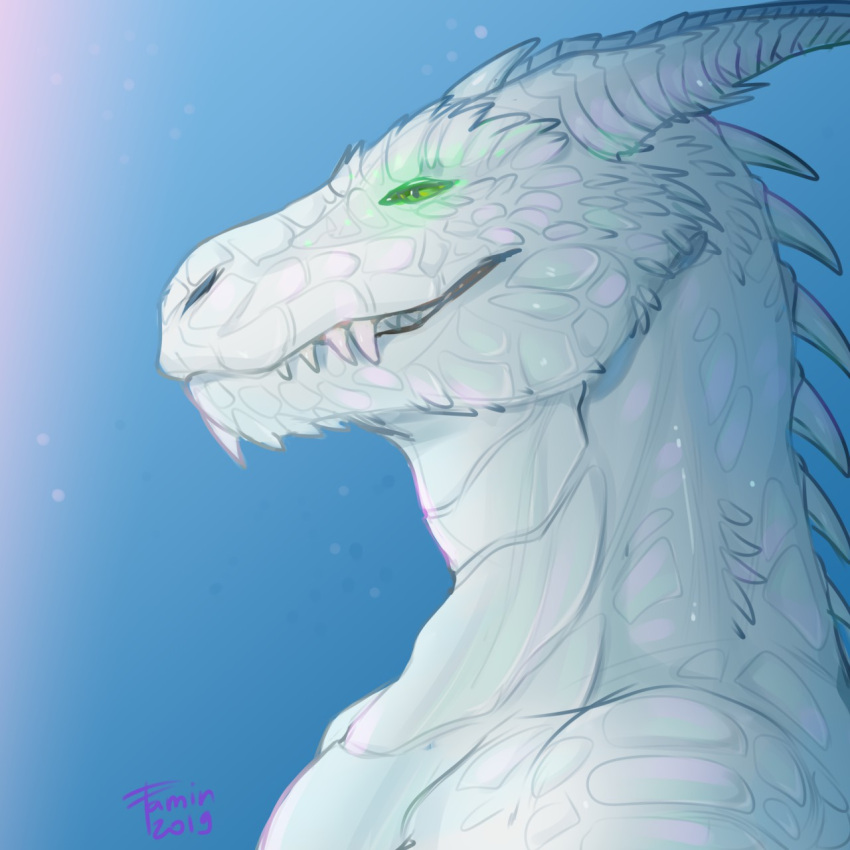 1:1 2019 anthro bust_portrait cheek_spikes dated dragon facial_spikes famir_(artist) glistening glistening_eyes green_eyes grin head_spikes hi_res horn male narrowed_eyes neck_spikes portrait ridged_horn scales sharp_teeth side_view signature simple_background smile solo spikes spikes_(anatomy) teeth white_body white_scales