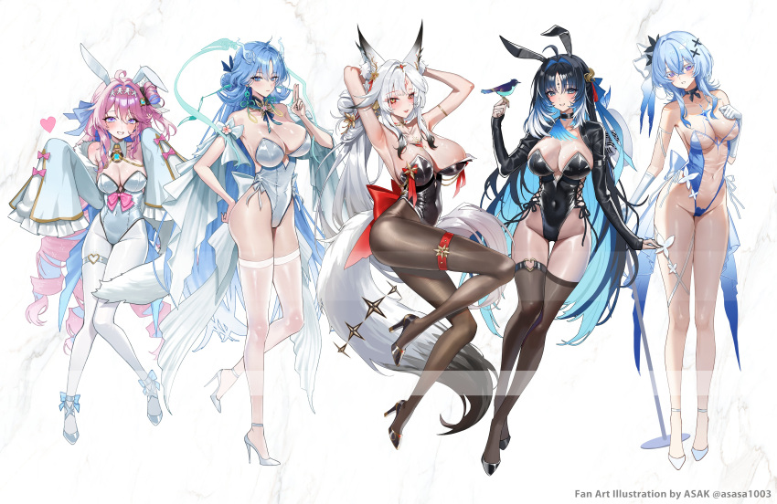 5girls absurdres alternate_costume animal_ear_fluff animal_ears armpits bird bird_on_hand black_leotard black_pantyhose black_shoes black_thighhighs blue_eyes blue_hair breasts cleavage colored_inner_hair commentary_request denia_(wuthering_waves) earrings fake_animal_ears fiery_horns fox_ears fox_girl gloves hair_ornament hair_stick hand_up high_heels highleg highleg_leotard highres horns hovaku hsin_(wuthering_waves) jewelry korean_commentary large_breasts leotard looking_at_viewer medium_breasts multicolored_hair multiple_girls orange_eyes pantyhose pink_hair purple_eyes qingxiao_(wuthering_waves) rabbit_ears see-through_clothes see-through_leotard shoes shorekeeper_(wuthering_waves) smile sword_fingers thighhighs white_gloves white_leotard white_pantyhose white_thighhighs wuthering_waves yangyang_(wuthering_waves) yangyang_(xuanling)_(wuthering_waves)