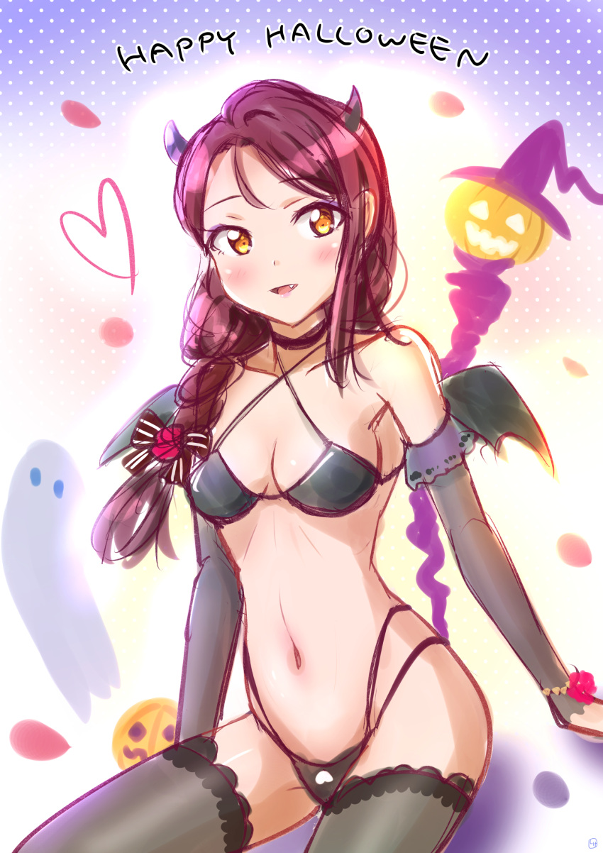 1girl bangs bikini black_bikini black_gloves black_thighhighs blush braid breasts ckst cleavage collarbone commentary commentary_request demon_girl demon_horns demon_wings elbow_gloves english_commentary ghost gloves halloween happy_halloween hat heart highres horns jack-o'-lantern long_hair looking_at_viewer love_live! love_live!_sunshine!! partial_commentary red_hair sakurauchi_riko single_sidelock small_breasts smile swimsuit thighhighs wand wings witch_hat yellow_eyes