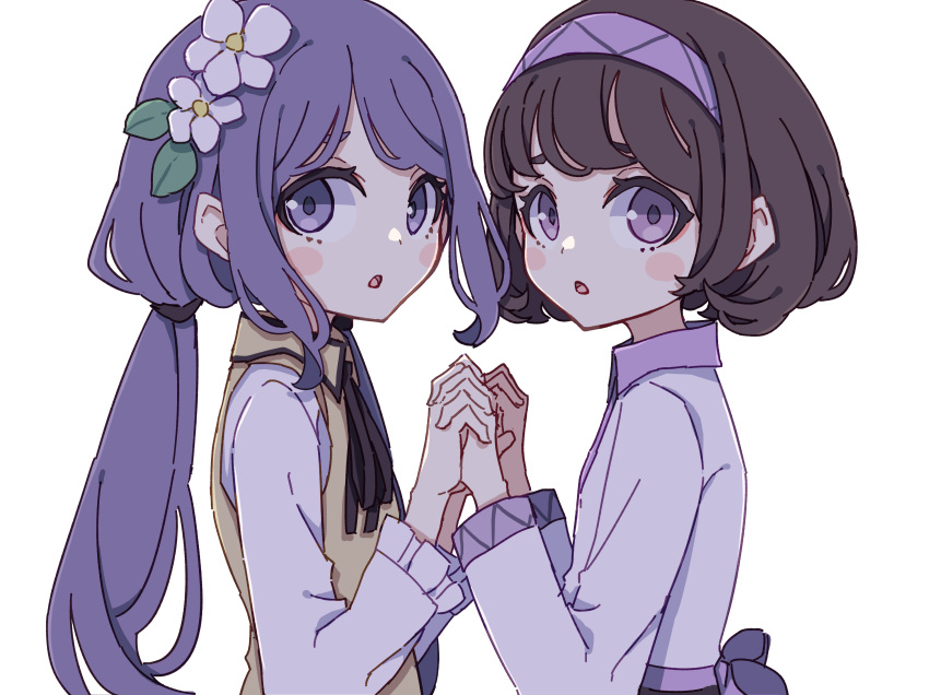 2girls :o absurdres brown_hair dress flower hair_flower hair_ornament highres holding_hands kame_(kamepan44231) long_hair long_sleeves multiple_girls purple_hair short_hair simple_background touhou tsukumo_benben tsukumo_yatsuhashi white_background yellow_dress