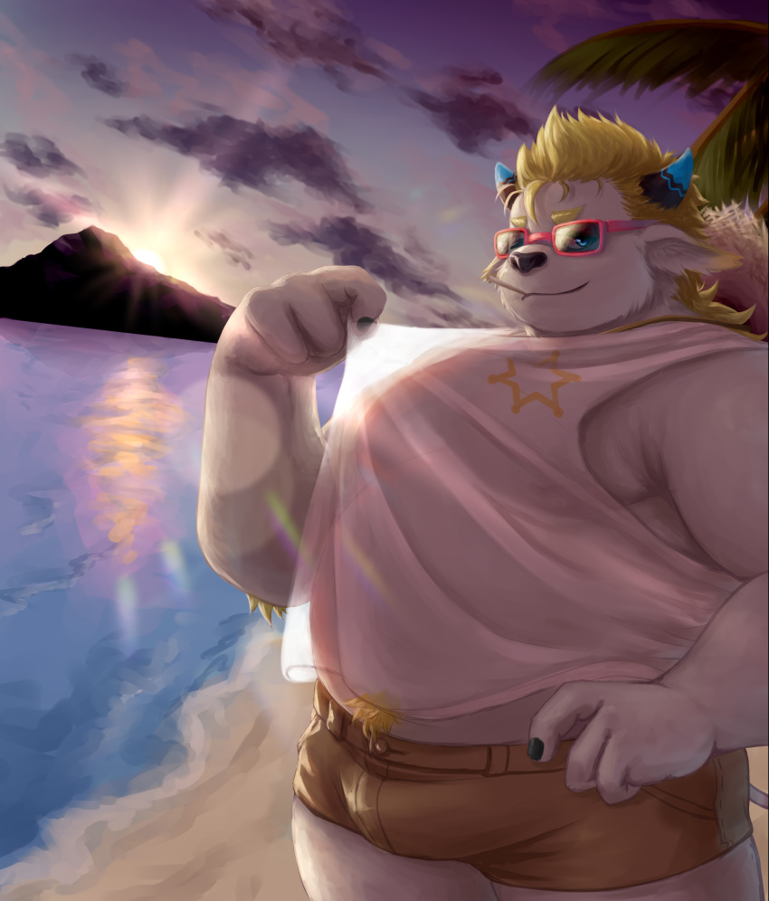 2022 absurd_res anthro babe_bunyan beach belly bottomwear bovid bovine bulge cattle clothing detailed_background eyewear guadr hi_res humanoid_hands kemono lifewonders male mammal moobs mountain outside overweight overweight_male seaside shirt shorts solo sun sunglasses tokyo_afterschool_summoners topwear video_games white_body