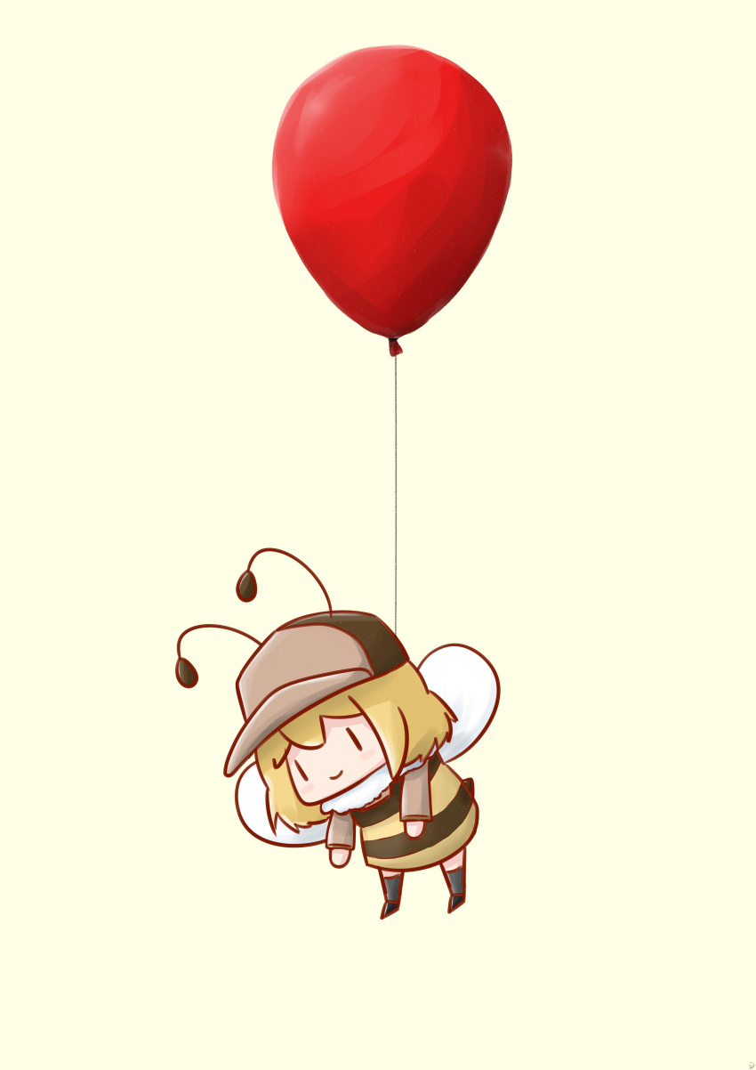 1girl absurdres antennae balloon bangs bee_costume bee_wings black_shirt blonde_hair blush_stickers brown_headwear commentary deerstalker fur_collar hat highres hololive hololive_english looking_down phdpigeon shirt simple_background smile smol_ame solo striped striped_shirt suspension symbol-only_commentary watson_amelia yellow_background yellow_shirt |_|