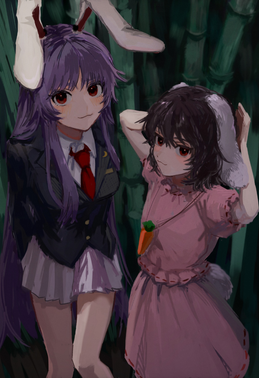 2girls :3 absurdres animal_ears arms_behind_back arms_up b_nosk101 bamboo bamboo_forest bangs black_hair black_jacket blazer blush carrot_necklace closed_mouth collared_shirt crescent crescent_pin feet_out_of_frame forest highres inaba_tewi jacket jewelry long_hair long_sleeves looking_at_viewer medium_hair multiple_girls nature necklace necktie pink_shirt pink_skirt pleated_skirt puffy_short_sleeves puffy_sleeves purple_hair rabbit_ears rabbit_girl rabbit_tail red_eyes red_necktie reisen_udongein_inaba shirt short_sleeves skirt smile tail touhou very_long_hair white_shirt