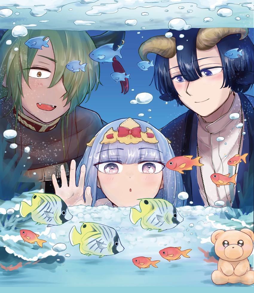 1girl 2boys animal_ears aurora_sya_lis_kaymin blue_eyes blue_hair brown_eyes commentary_request demon_cleric demon_horns demon_king_tasogare fish fish_tank goat_ears goat_horns green_hair highres horns long_hair maou-jou_de_oyasumi multiple_boys open_mouth purple_eyes purple_hair short_hair smile star-shaped_pupils star_(symbol) stuffed_animal stuffed_toy symbol-shaped_pupils teddy_bear yostuba0704