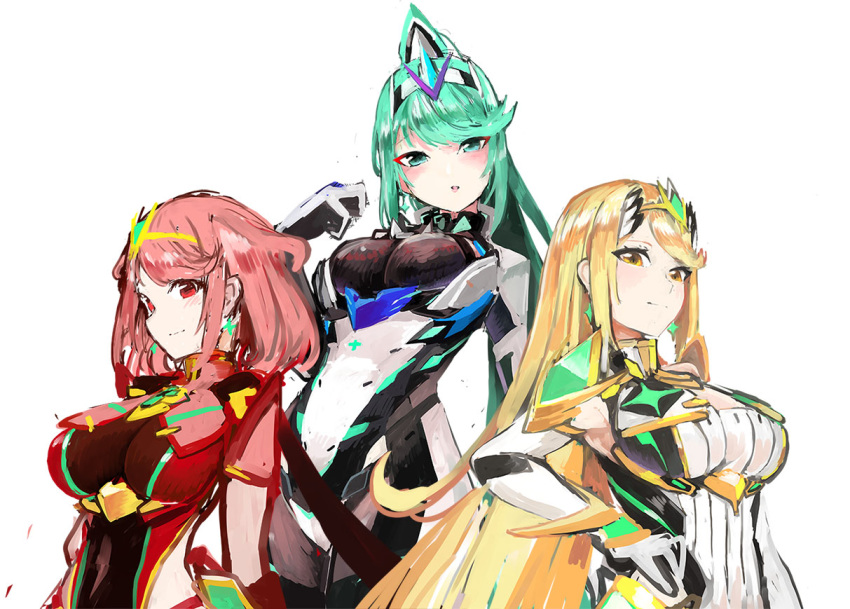 3girls bangs blonde_hair breasts chest_jewel cleavage cleavage_cutout clothing_cutout dress green_eyes green_hair large_breasts long_hair multiple_girls mythra_(xenoblade) pneuma_(xenoblade) ponytail pyra_(xenoblade) red_eyes red_hair short_dress short_hair swept_bangs tim_(a9243190a) very_long_hair white_dress xenoblade_chronicles_(series) xenoblade_chronicles_2 yellow_eyes