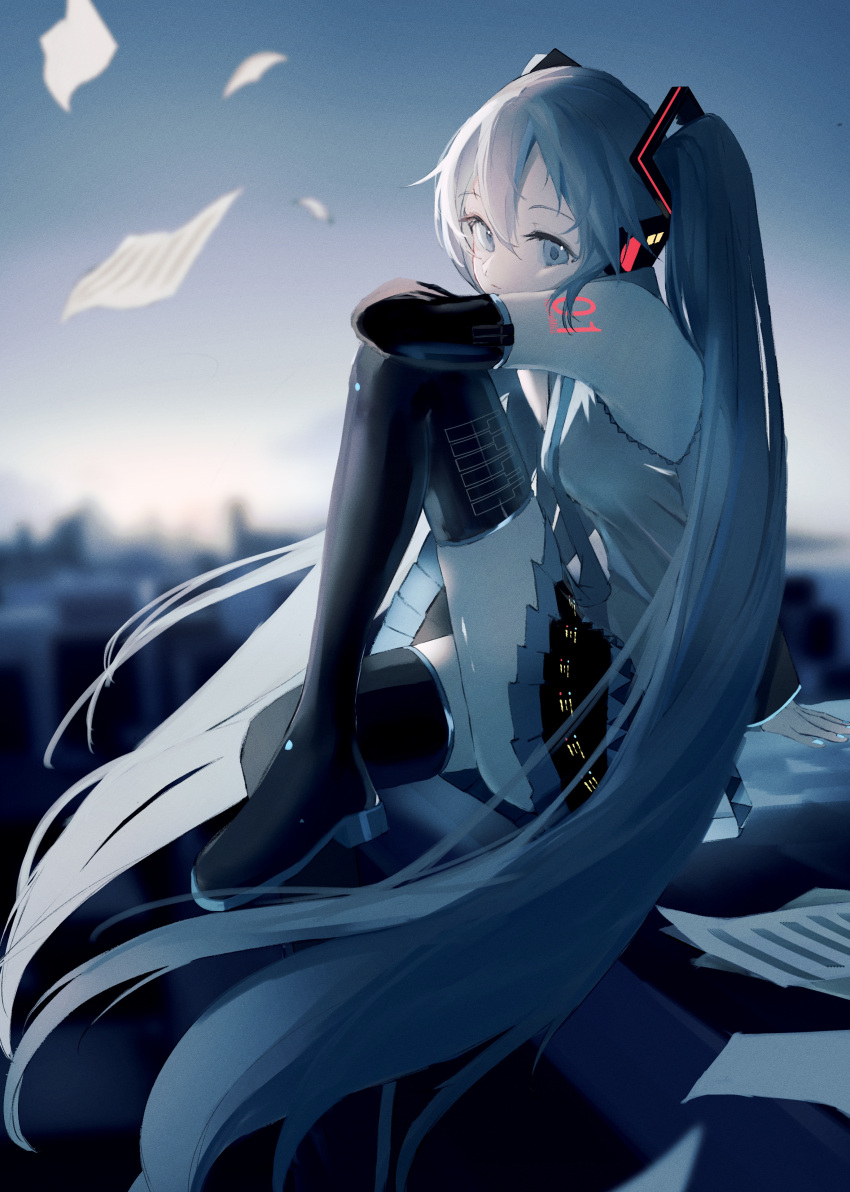 1girl absurdres arm_support black_sleeves blue_eyes blue_hair blue_theme blurry blurry_background boots depth_of_field detached_sleeves floating floating_hair floating_object from_side hair_between_eyes hatsune_miku headset highres knee_up long_hair looking_at_viewer looking_to_the_side on_roof outdoors paper pleated_skirt potetoneko shirt sitting skirt sleeveless sleeveless_shirt solo thigh_boots twintails very_long_hair vocaloid