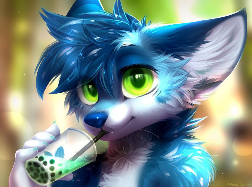 ambiguous_gender anthro beverage bloominglynx blue_body blue_ears blue_fur blue_hair blue_nose blurred_background bubble_tea bust_portrait canid canine canis cheek_tuft chest_tuft closed_smile domestic_dog drinking_straw eyelashes facial_tuft fur glistening glistening_eyes glistening_hair green_eyes hair hi_res inner_ear_fluff looking_at_viewer mammal mouth_closed neck_tuft portrait shoulder_tuft signature solo three-quarter_view tuft white_body white_fur white_inner_ear white_inner_ear_fluff
