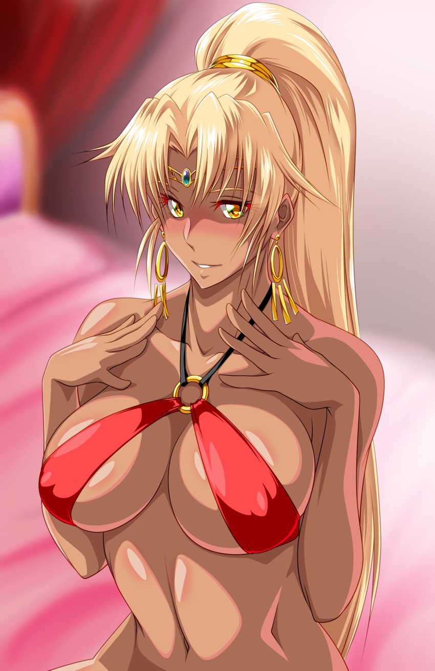 1girl absurdres airem0213 bangs blonde_hair blurry blurry_background blush breasts circlet covered_nipples dark_skin earrings hands_up highres hoop_earrings indoors jewelry long_hair navel o-ring parted_bangs ponytail sasha_(sennen_sensou_aigis) sennen_sensou_aigis tan very_long_hair yellow_eyes