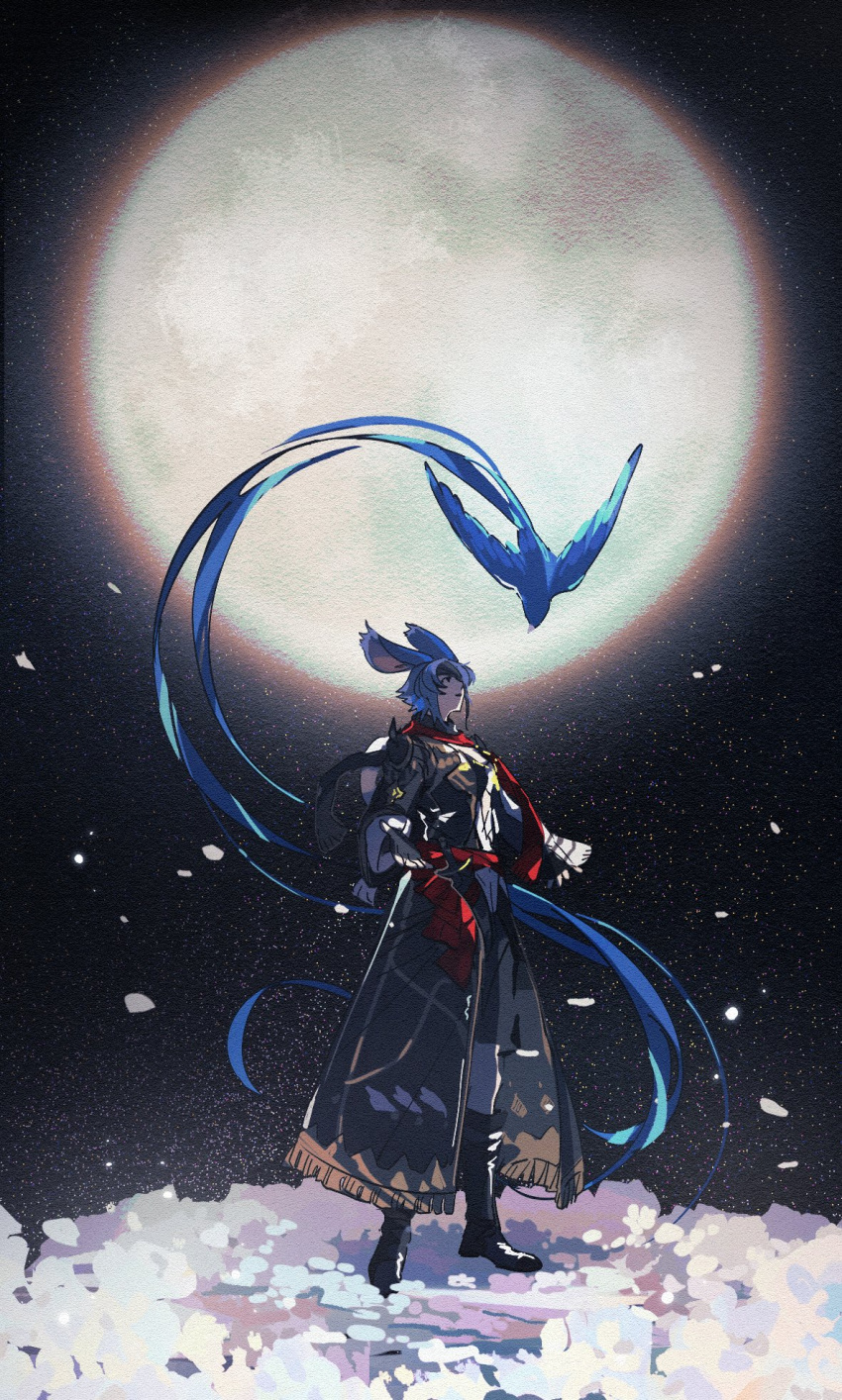 1girl alternate_form animal_ears avatar_(ff14) bird blue_hair boots final_fantasy final_fantasy_xiv full_moon highres long_coat meteion moon rabbit_ears scarf short_hair standing viera yuming_haomafan