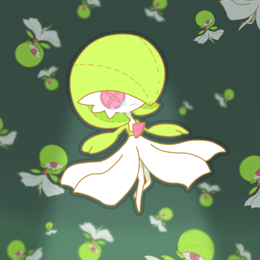 bangs blurry blurry_background bob_cut button_eyes character_doll chibi closed_mouth colored_skin commentary_request doll falling flat_chest full_body gardevoir green_background green_theme hair_over_one_eye highres multicolored_skin one_eye_covered outline pokemon pokemon_(creature) red_eyes sad short_hair stitches tears two-tone_skin white_skin yuri_(pixiv_76483886)