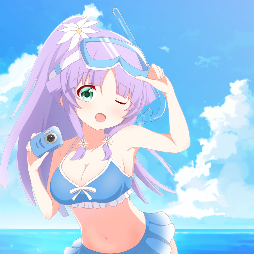 1girl ;d alternate_hairstyle aqua_eyes arm_up assault_lily bangs banshouya_ena bare_arms bare_shoulders bikini bikini_skirt blue_bikini blue_sky blunt_bangs blunt_ends breasts camera cleavage cloud collarbone commentary_request cumulonimbus_cloud day flower frilled_bikini frills goggles goggles_on_head hair_flower hair_ornament halterneck hand_on_goggles hand_up high_ponytail highres holding holding_camera horizon light_blush looking_at_viewer medium_breasts navel ocean one_eye_closed open_mouth outdoors ponytail ri_(pikatexiu_106) sidelocks sky smile snorkel solo standing stomach swimsuit upper_body water white_flower