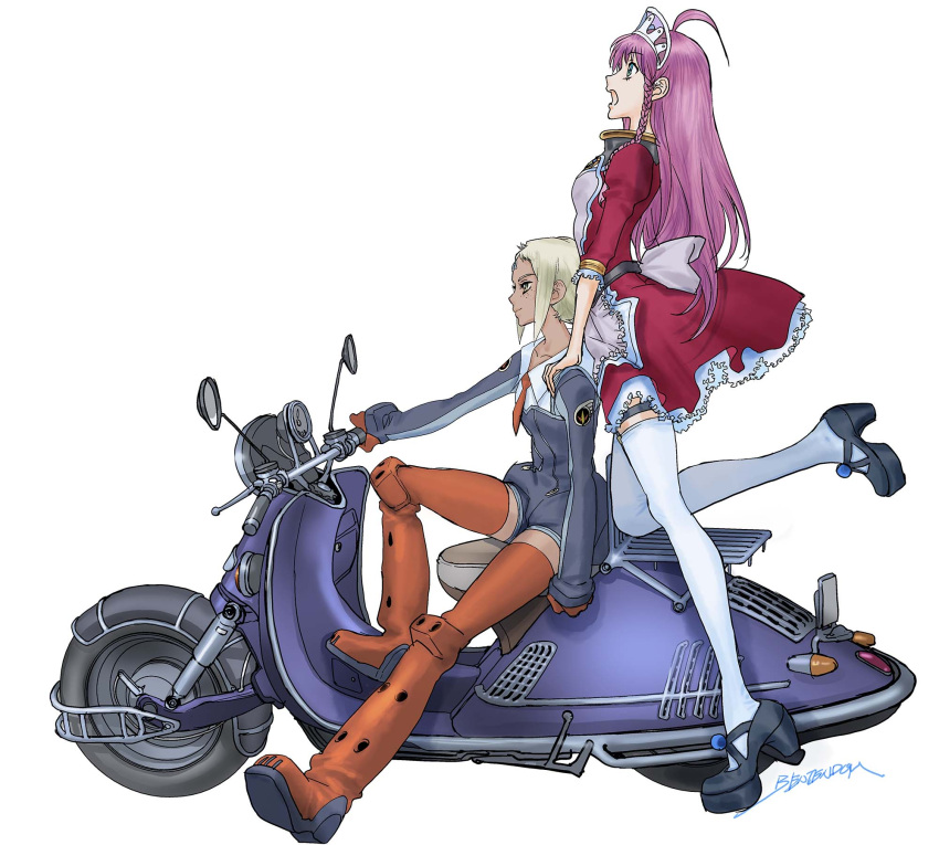 2girls black_footwear black_jumpsuit blonde_hair boots braid breasts brown_footwear cowlick dress green_eyes ground_vehicle high_heels highres jumpsuit lal'c_mellk_mal long_hair moped motor_vehicle multiple_girls nono_(top_wo_nerae_2!) open_mouth pink_hair red_dress short_hair side_braid sitting small_breasts smile surprised thigh_boots thighhighs top_wo_nerae_2! white_thighhighs yonemura_kouichirou
