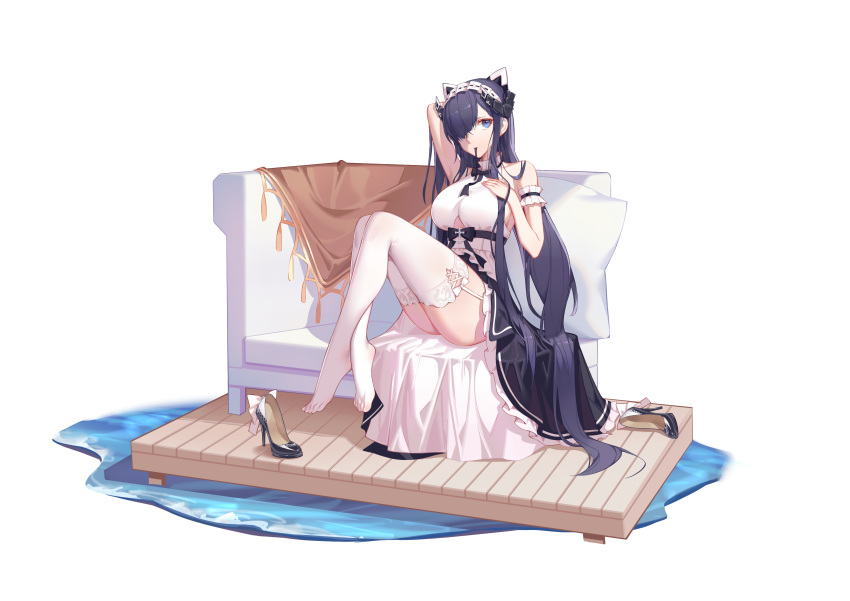 1girl absurdres apron arm_behind_head august_von_parseval_(azur_lane) august_von_parseval_(the_conquered_unhulde)_(azur_lane) azur_lane black_dress black_footwear black_horns clothing_cutout cross-laced_dress curled_horns dress full_body hair_over_one_eye highres horns kasa_(1136485976) long_hair mechanical_horns mouth_hold no_shoes official_alternate_costume one_eye_covered purple_eyes purple_hair ribbon ribbon_in_mouth shoes shoes_removed simple_background sitting sleeveless sleeveless_dress soles solo thighhighs two-tone_dress underboob_cutout very_long_hair white_apron white_background white_dress white_garter_straps white_thighhighs