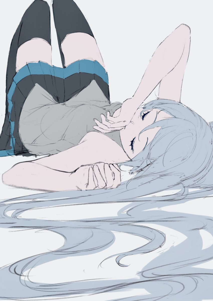 1girl bare_arms black_skirt black_thighhighs blue_hair closed_eyes closed_mouth commentary covering_mouth english_commentary flat_color grey_background grey_shirt hair_spread_out hand_on_own_face hatsune_miku highres knees_up light_blue_hair long_hair lying muted_color on_back pleated_skirt potetoneko shirt simple_background sketch skirt sleeveless sleeveless_shirt solo thighhighs unfinished upside-down very_long_hair vocaloid zettai_ryouiki