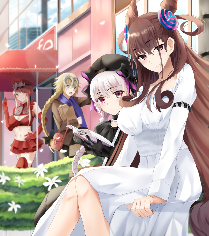 arm_up bangs blonde_hair blue_eyes book braid braided_ponytail brown_eyes brown_hair dress elbow_gloves fate/grand_order fate_(series) gloves hat headpiece highres holding holding_book jeanne_d'arc_(fate) jeanne_d'arc_(ruler)_(fate) long_hair looking_at_viewer medb_(alluring_chief_warden_look)_(fate) medb_(fate) military_hat murasaki_shikibu_(fate) nicky_w nursery_rhyme_(fate) pink_hair purple_eyes red_gloves short_hair sitting skirt white_hair yellow_eyes