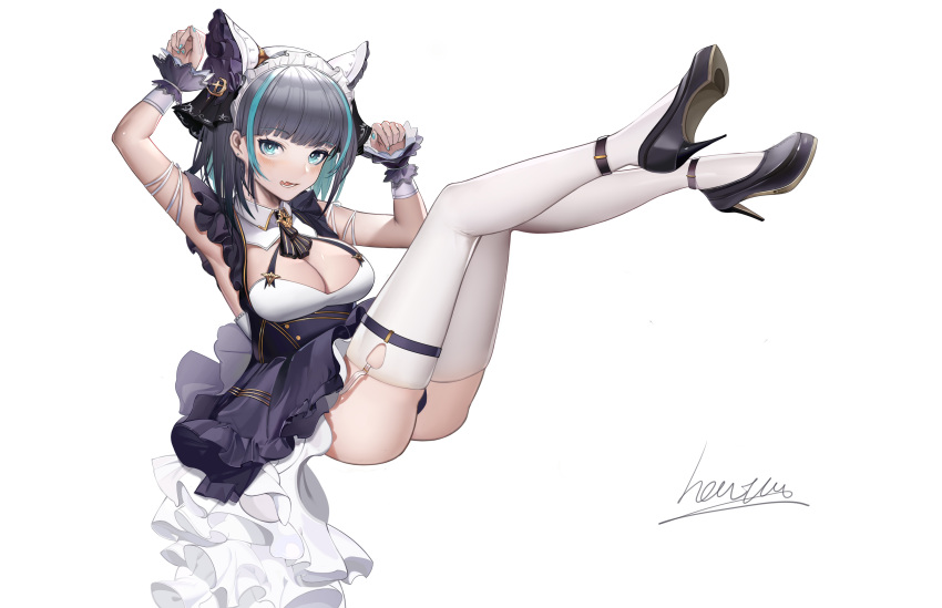1girl absurdres animal_ears aqua_eyes aqua_hair ass azur_lane black_footwear breasts cheshire_(azur_lane) cleavage detached_sleeves fake_animal_ears frilled_hairband frilled_ribbon frills full_body hairband heatia high_heels highres large_breasts long_ribbon maid maid_headdress multicolored_hair nail_polish panties paw_pose puffy_detached_sleeves puffy_sleeves purple_apron purple_hair purple_panties ribbon shoes simple_background solo stiletto_heels streaked_hair thighhighs two-tone_hair underwear white_background white_garter_straps white_thighhighs wrist_cuffs
