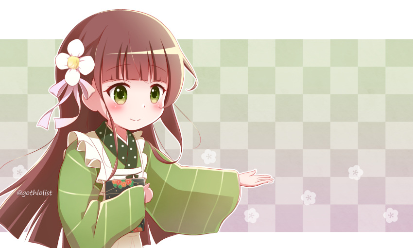 1girl ama_usa_an_uniform apron bangs blunt_bangs blush brown_hair checkered_background closed_mouth commentary_request flower gochuumon_wa_usagi_desu_ka? goth_risuto green_eyes green_kimono hair_flower hair_ornament holding japanese_clothes kimono long_hair long_sleeves maid_apron smile solo twitter_username ujimatsu_chiya uniform upper_body very_long_hair waitress white_apron white_flower wide_sleeves