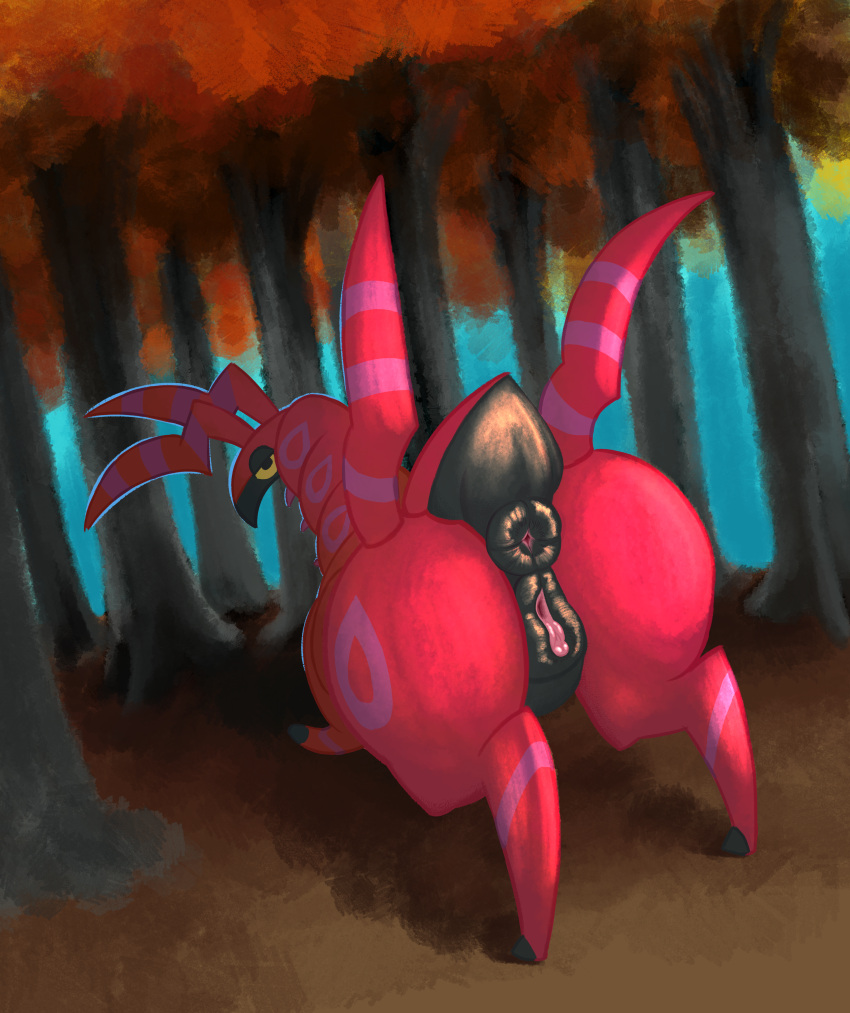 2022 absurd_res animal_genitalia animal_pussy anus arthropod autumn big_butt butt clitoris colored digital_media_(artwork) digital_painting_(artwork) ediblecrustables equine_pussy feral full-length_portrait generation_5_pokemon genitals hi_res looking_back myriapod nintendo outside plant plump_labia pokemon pokemon_(species) portrait puffy_anus pussy red_body scolipede shaded smaller_version_at_source tree video_games yellow_eyes