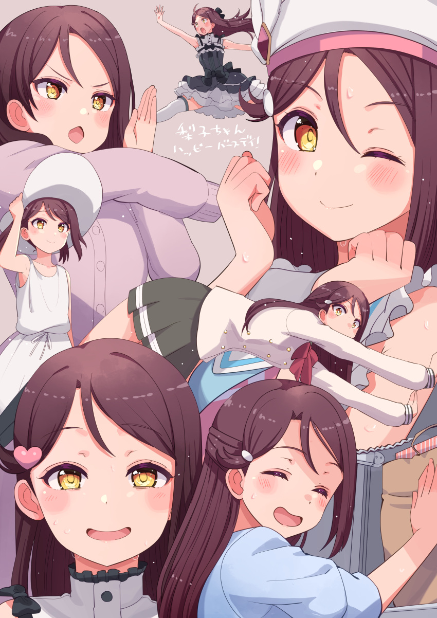 1girl absurdres aged_down bangs birthday blush closed_eyes commentary cream_(nipakupa) dress embarrassed grey_background hair_ornament half_updo hat heart heart_hair_ornament highres jumping kimi_no_kokoro_wa_kagayaiteru_kai? long_hair looking_at_viewer love_live! love_live!_sunshine!! multiple_views one_eye_closed red_hair sakurauchi_riko school_uniform sidelocks smile sweat translation_request ultra_beam ultra_series uranohoshi_school_uniform white_dress yellow_eyes