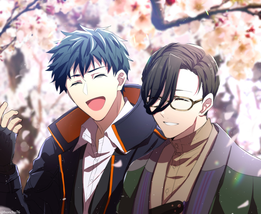 2boys :d ^_^ bags_under_eyes black_gloves black_hair black_jacket black_vest blue_hair blurry blurry_background brown_kimono brown_shirt cherry_blossoms closed_eyes collared_shirt dark_blue_hair dress_shirt falling_petals fate/grand_order fate_(series) fingerless_gloves glasses gloves green_jacket hair_over_one_eye hand_up haori honchu jacket japanese_clothes kimono male_focus multiple_boys open_collar parted_lips petals saitou_hajime_(fate) shirt short_hair smile upper_body vest white_shirt yamanami_keisuke_(fate)