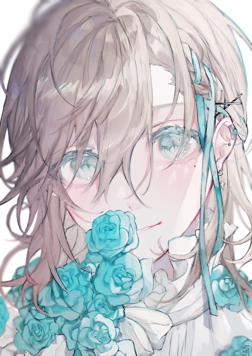 10_io 1boy aqua_eyes aqua_flower aqua_ribbon aqua_rose blurry blurry_background braid braided_bangs brown_hair ear_piercing earclip earrings flower frilled_shirt_collar frills hair_between_eyes hair_ornament hair_ribbon hairclip highres jewelry kanae_(nijisanji) looking_at_viewer male_focus medium_hair mole mole_under_eye nijisanji piercing portrait ribbon rose shirt simple_background smile solo virtual_youtuber white_background white_shirt