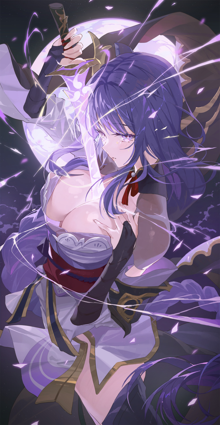 1girl absurdres bangs black_gloves black_thighhighs breasts breasts_out cleavage detached_sleeves drawing_sword elbow_gloves electricity genshin_impact gloves glowing gold_trim highres holding holding_sword holding_weapon hxxg japanese_clothes kimono large_breasts long_hair looking_at_viewer mitsudomoe_(shape) moon neck_ribbon night night_sky parted_lips partially_fingerless_gloves purple_eyes purple_hair purple_kimono purple_nails raiden_shogun red_ribbon ribbon sidelocks sky solo standing sword sword_between_breasts thighhighs tomoe_(symbol) weapon