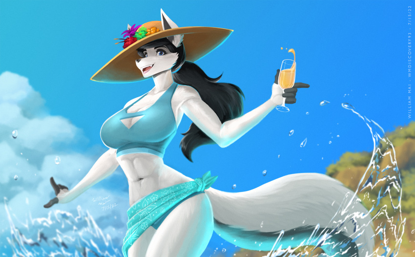 alcoholic_drink anthro beach_towel beverage bikini black_fingers black_hair blue_bikini blue_clothing blue_eyes blue_swimwear breasts canid canine canis cleavage clothed clothing female flower flower_accessory flower_on_hat flower_pattern fur hair hi_res mammal midriff plant ponytail smile solo splashing_water sun_hat swimwear towel water water_spray white_body white_fur wmdiscovery93 wolf