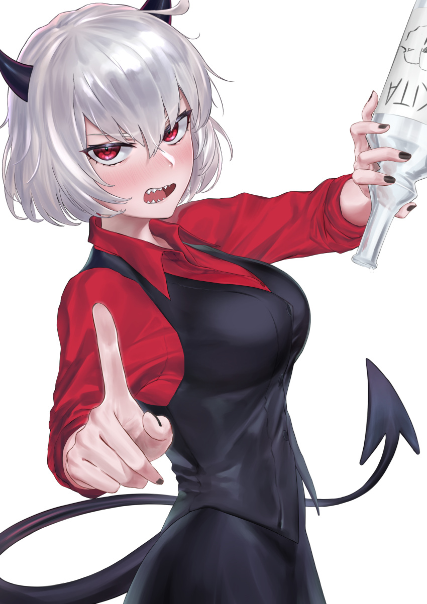 1girl 2020 absurdres alcohol black_nails black_skirt blush collared_shirt demon demon_girl demon_horns demon_tail helltaker highres holding horns long_sleeves malina_(helltaker) monegi open_mouth red_eyes red_skirt sharp_teeth shirt skirt sleeves_rolled_up solo tail teeth vodka white_background white_hair