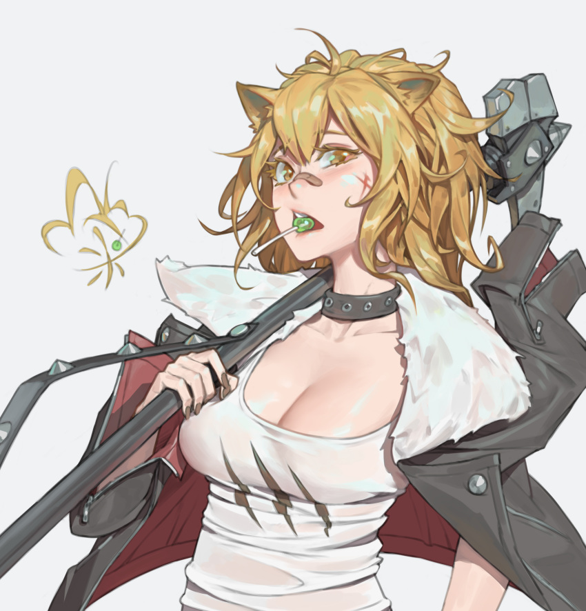 1girl absurdres animal_ears arknights bandaid bandaid_on_face bandaid_on_nose black_choker black_jacket black_nails blonde_hair breasts candy chen_zhang choker cleavage food hammer highres holding holding_weapon jacket large_breasts lion_ears lion_girl lollipop looking_at_viewer open_mouth shirt siege_(arknights) upper_body weapon white_background white_shirt yellow_eyes