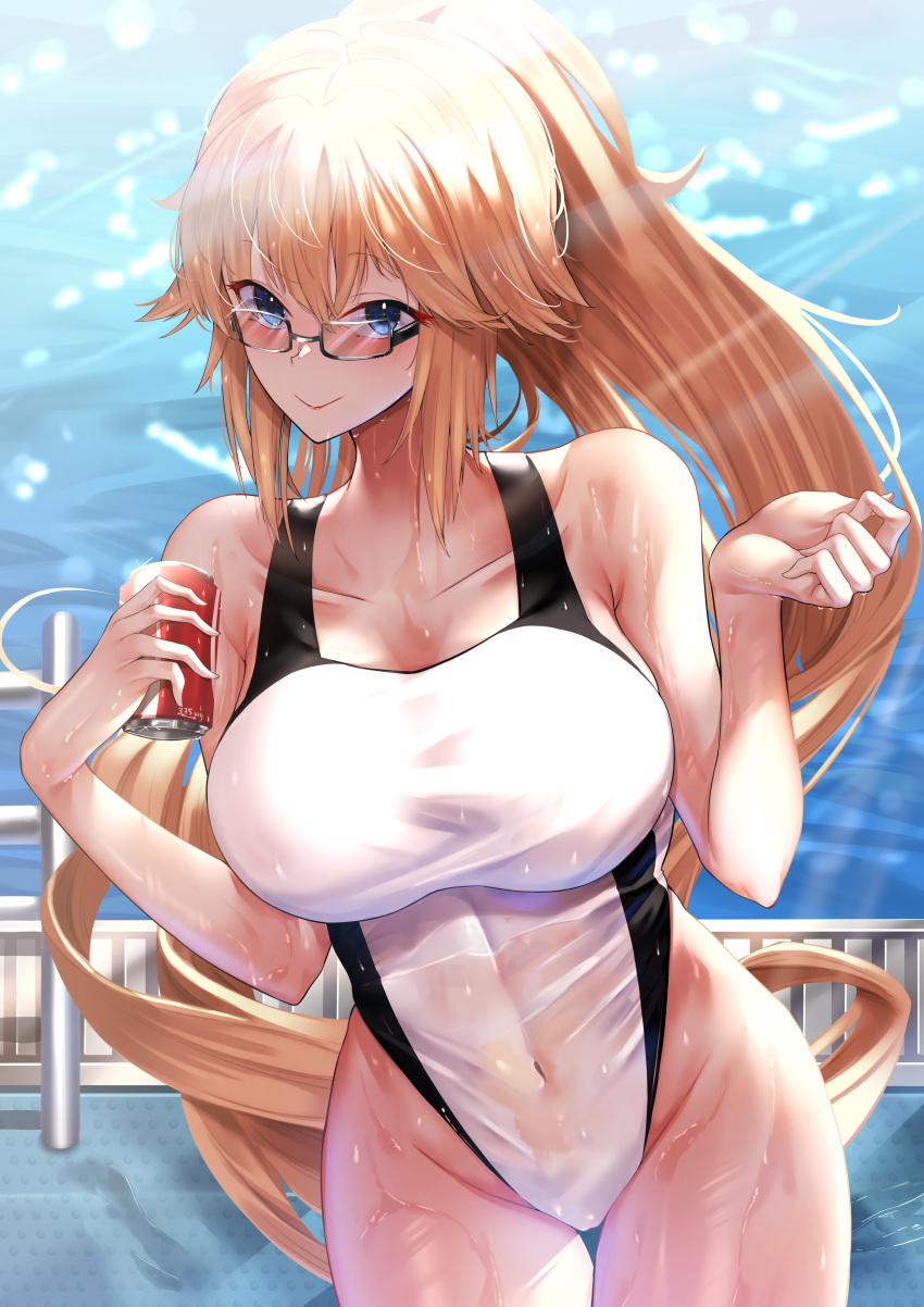 1girl absurdres black-framed_eyewear blonde_hair blue_eyes breasts can competition_swimsuit covered_navel cowboy_shot fate/grand_order fate_(series) glasses high_ponytail highleg highleg_swimsuit highres jeanne_d'arc_(fate) jeanne_d'arc_(swimsuit_archer)_(fate) jeanne_d'arc_(swimsuit_archer)_(second_ascension)_(fate) large_breasts long_hair looking_at_viewer misa_pika one-piece_swimsuit ponytail railing soda_can solo swimsuit thigh_gap white_one-piece_swimsuit