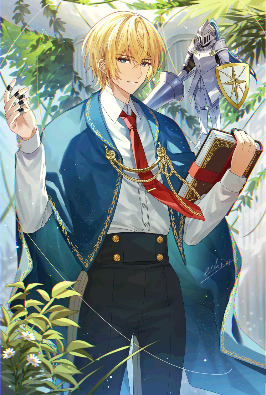 1boy aiguillette alice_margatroid armor bangs black_pants blonde_hair blue_cape blue_eyes book book_strap cape collared_shirt commentary_request ering_3104 feet_out_of_frame flower genderswap genderswap_(ftm) grimoire_of_alice grin hair_between_eyes helm helmet high-waist_pants highres holding holding_book holding_polearm holding_shield holding_weapon jewelry knight lance long_sleeves looking_at_viewer male_focus multiple_rings necktie pants parted_lips pillar plant plate_armor polearm puppet_rings red_necktie ring shanghai_doll shield shirt shirt_tucked_in short_hair signature smile solo touhou weapon white_flower white_shirt