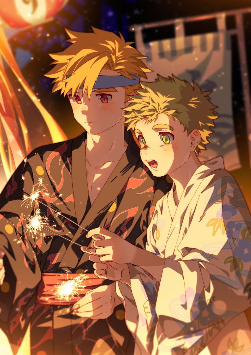 2boys absurdres bangs bishounen blonde_hair brothers commentary_request festival fireworks hair_between_eyes headband highres holding holding_fireworks japanese_clothes kimono male_focus multiple_boys night night_sky omedemidori open_mouth original outdoors red_eyes short_hair siblings sky sparkle sparkler star_(sky) starry_sky teeth yellow_eyes