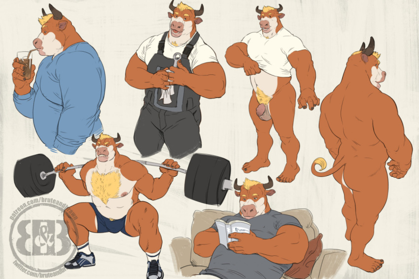 anthro beverage blonde_hair body_hair bovid bovine bruteandbrawn cattle chest_hair clothed clothing exercise flaccid genitals hair male mammal musclegut muscular nude overalls penis reading shirt sketch sketch_page solo t-shirt topwear torben weightlifting workout
