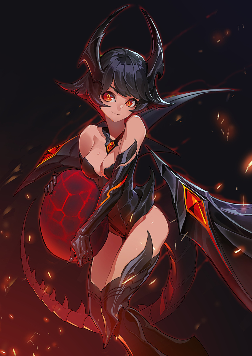 1girl absurdres armored_boots armored_leotard bangs black_footwear black_gloves black_hair black_leotard boots breasts cleavage closed_mouth dragon_egg dragon_girl dragon_tail egg elbow_gloves gem gloves highres holding holding_egg horns leotard looking_at_viewer medium_breasts medium_hair personification red-eyes_black_dragon red_eyes red_gemstone shiny shiny_hair smile solo strapless strapless_leotard swept_bangs tail to_hsu yu-gi-oh!