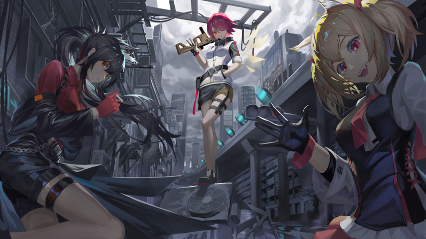 3girls :d \||/ absurdres animal_ear_fluff animal_ears arknights bag black_gloves black_hair black_jacket black_shorts black_skirt black_vest blonde_hair buckle building chain chinese_commentary cigarette city cityscape closed_mouth cloud cloudy_sky collared_shirt colored_inner_hair commentary detached_wings exusiai_(arknights) eyes_visible_through_hair fang fingerless_gloves gloves gun hair_between_eyes hair_over_one_eye hand_in_pocket head_tilt highres hikawa_(asas5254) holding holding_cigarette holding_gun holding_weapon hood hoodie jacket long_hair long_sleeves looking_at_viewer medium_hair multicolored_hair multiple_girls necktie off_shoulder official_alternate_costume open_clothes open_jacket open_mouth outdoors pink_necktie ponytail red_eyes red_gloves red_hair red_shirt satchel shirt short_hair short_sleeves shorts skirt sky skyscraper smile sora_(arknights) submachine_gun teeth texas_(arknights) thigh_strap traffic_light twintails upper_teeth ventilation_shaft vest weapon white_hoodie white_shirt wings wolf_ears yellow_shirt