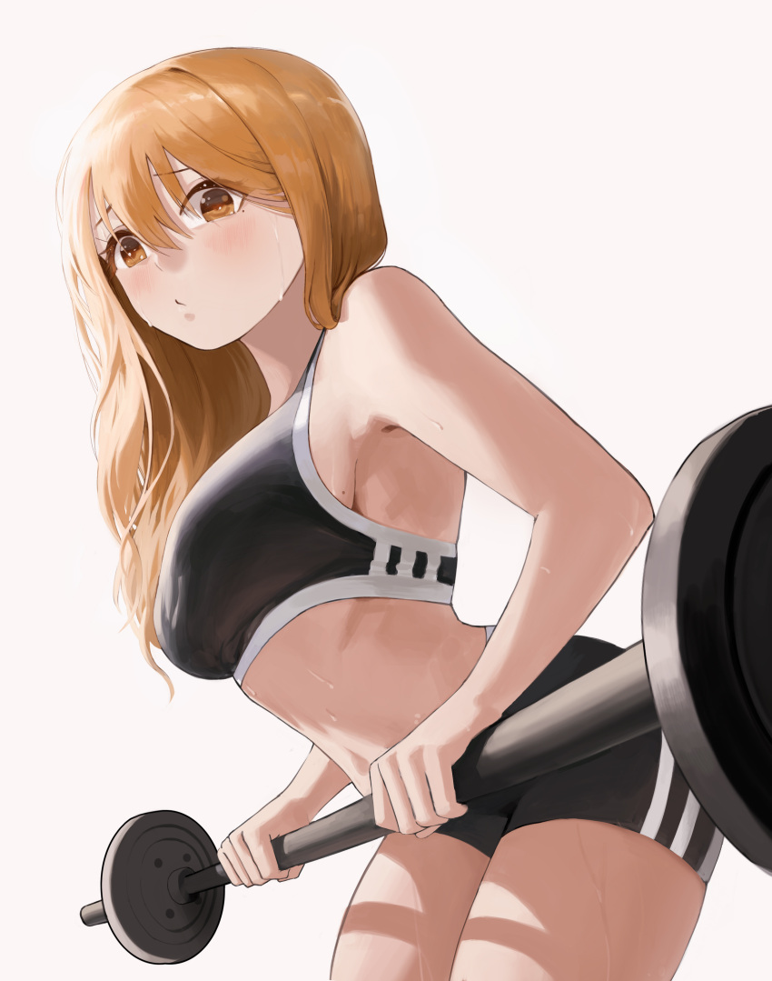 1girl absurdres barbell blonde_hair blush breasts exercise eyebrows_hidden_by_hair highres jinbin825 long_hair midriff mole mole_on_breast navel original sideboob solo sports_bra sweat toned weightlifting weights workout_clothes